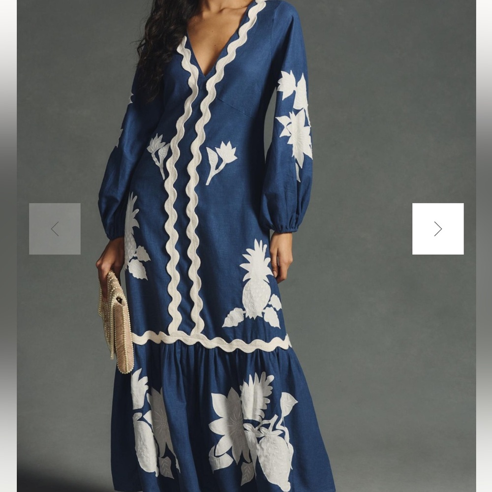 Farm Rio Anthropologie blue linen dress, XS